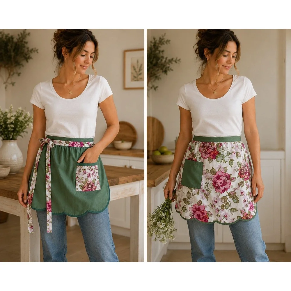 Vintage Reversible Floral Half‎ Apron Green Pink White One Size Pocket